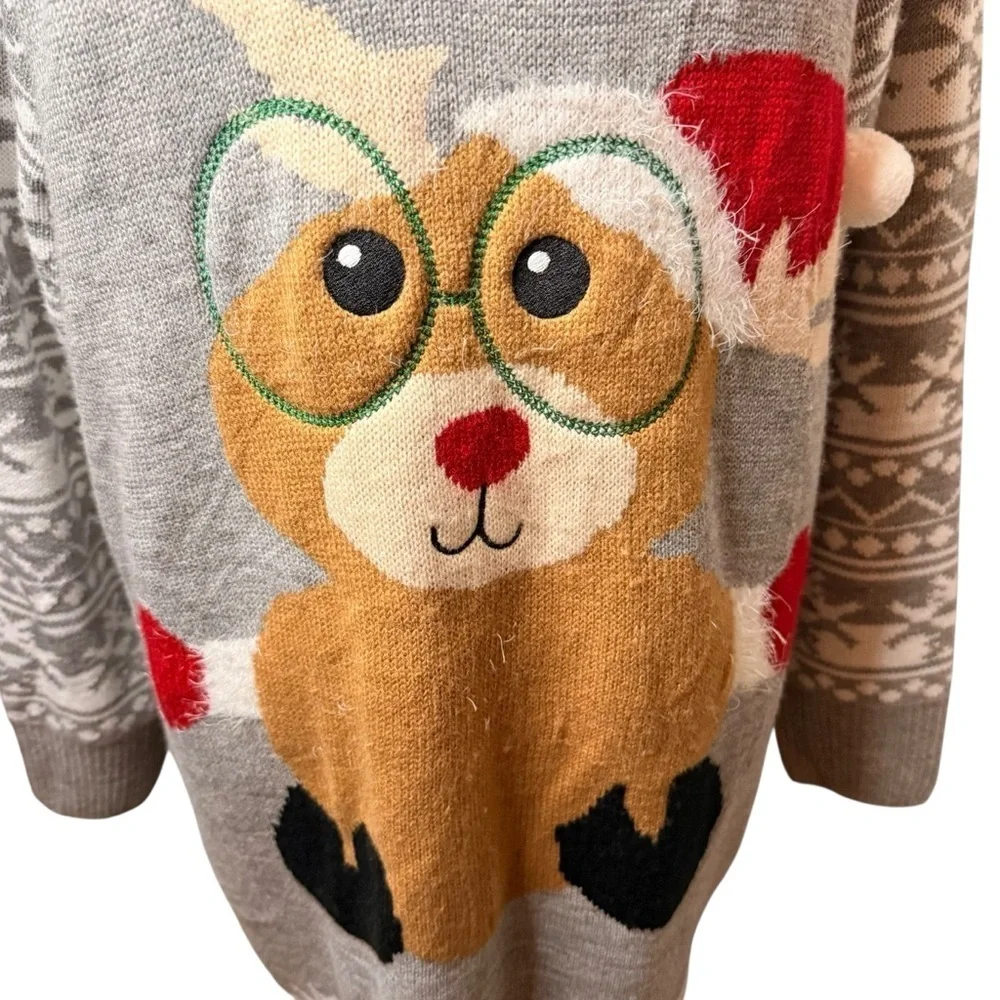 Christmas Gray Reindeer Cowl Neck Sweater with Pockets | Sz L